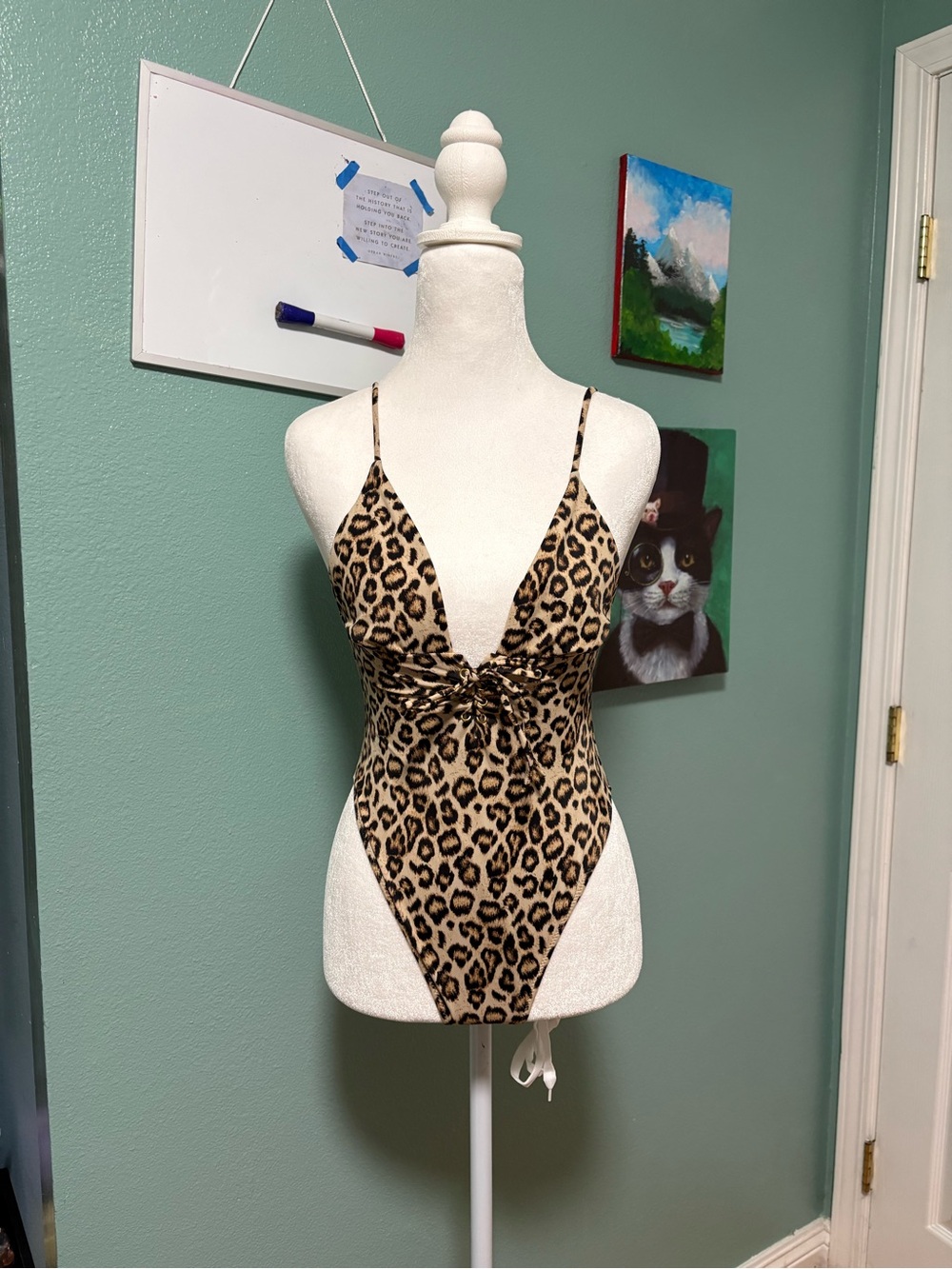 La Hearts Leopard High-Cut Print Tie-Front Bandeau Swimsuit- Cheetah Print